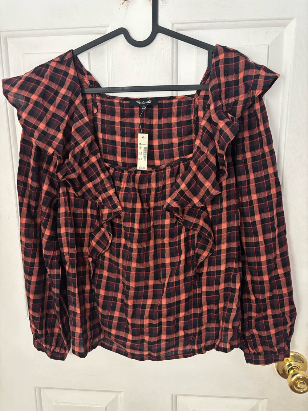 Madewell Black and Red Plaid Ruffle-Neck Blouse